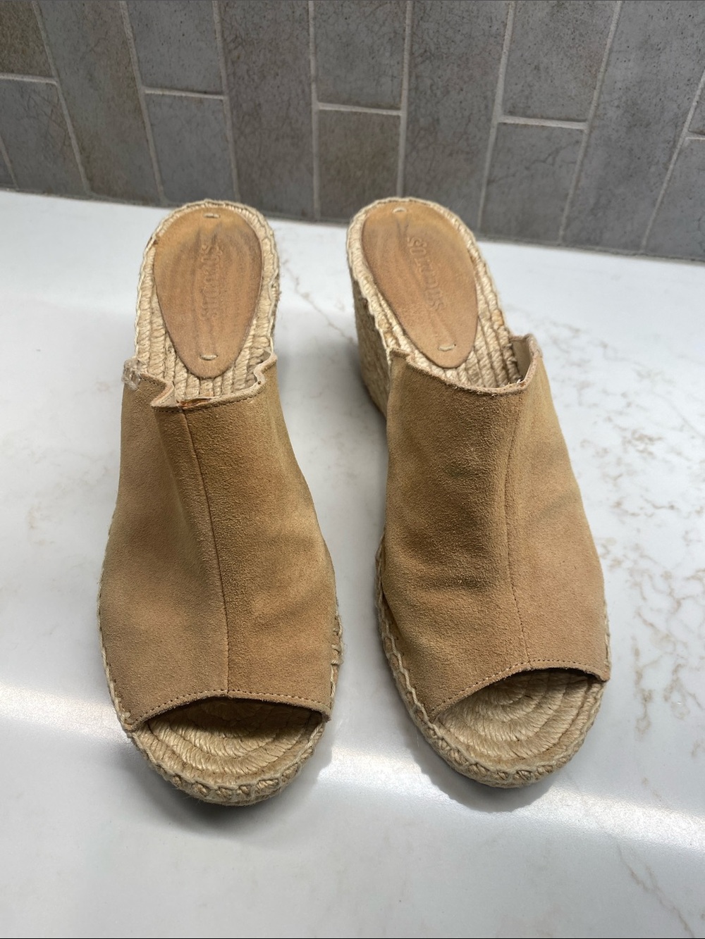 Soludos Suede Espadrille Wedge Mules Tan Peep Toe Boho Platform Size 8